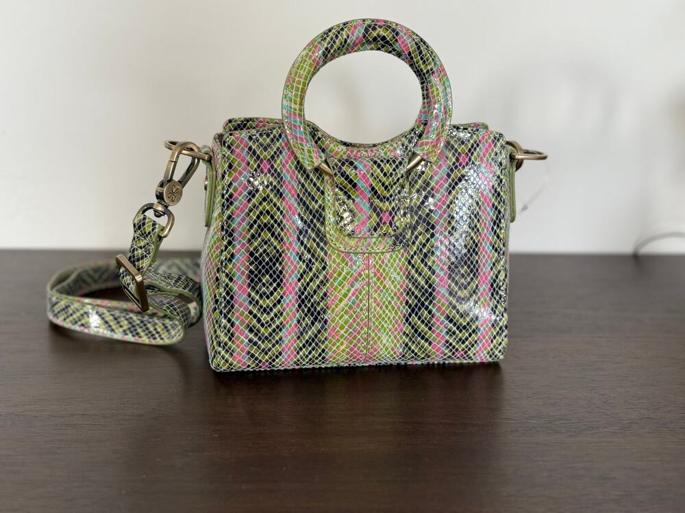 HOBO Heidi Leather Mini Satchel Geo Diamond Print Leather Pink and Greens